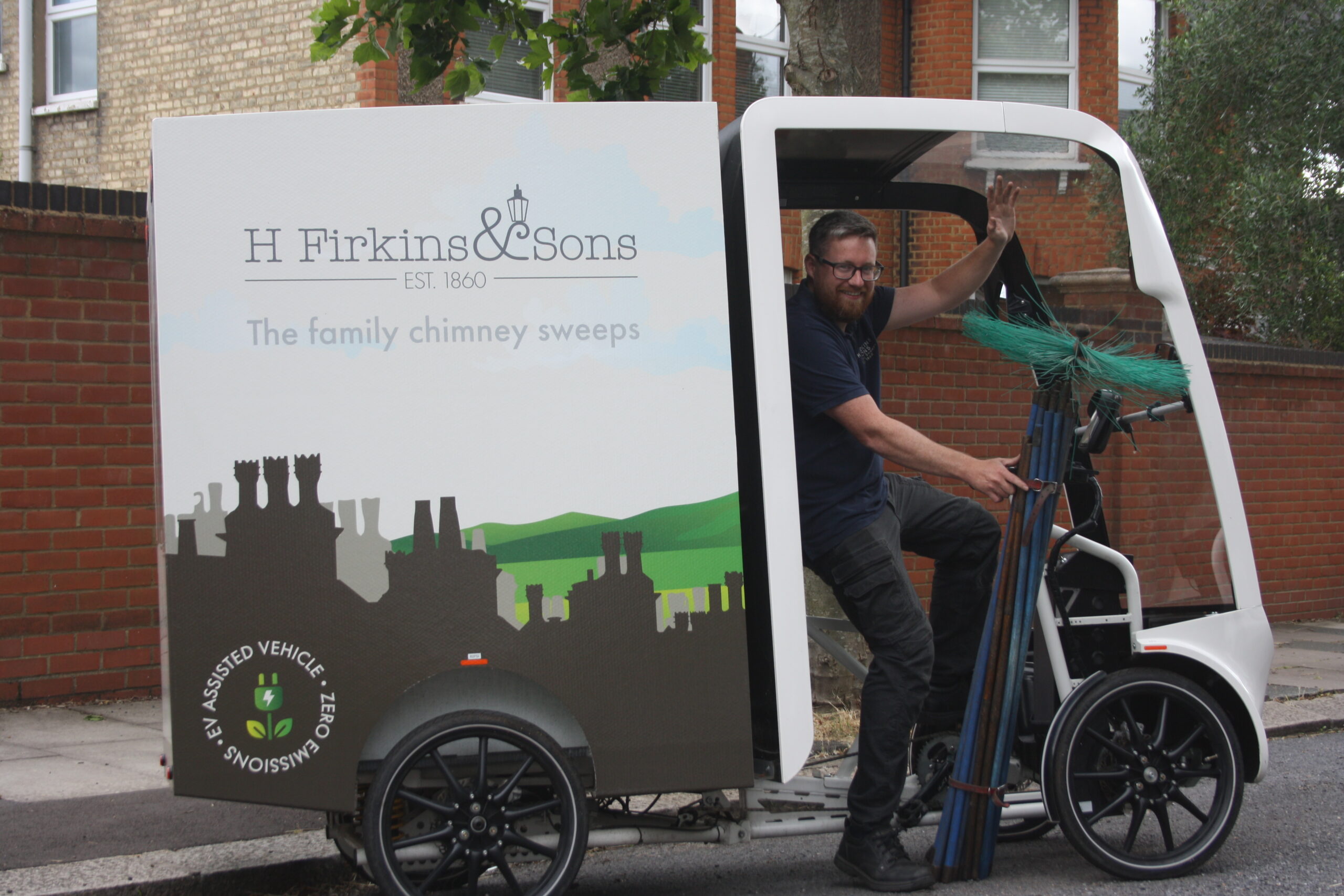 The H. Firkins & Sons electric cargo bike, introduced in 2022 for chimney sweeping appointments across London.